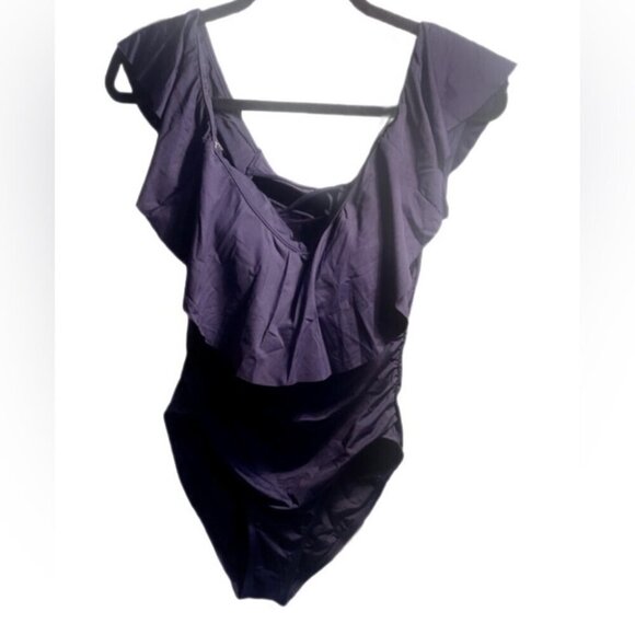 NWT La Bianca Island Goddess Navy Blue Off Shoulder Back One Piece Swimsuit 12 - Picture 2 of 4